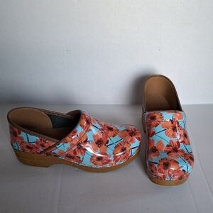 Dansko Blue and Orange Floral Clogs